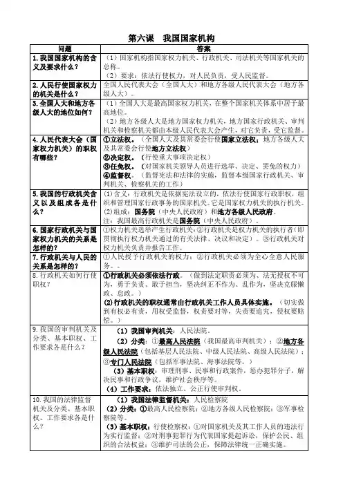 部编版《道德与法治》八年级下册：第六课我国国家机构(重点知识)知识点归纳复习