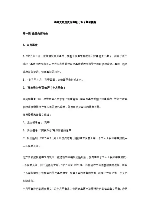 北师大版历史九年级(下)复习提纲