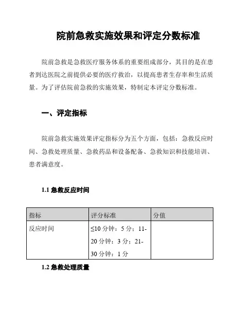 院前急救实施效果和评定分数标准