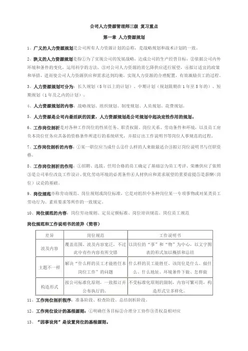 人力资源管理师三级-复习重点