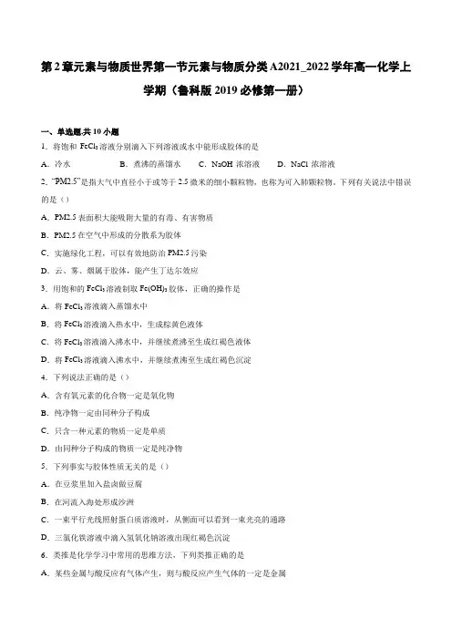 第2章 第一节元素与物质分类 同步练习2022学年高一上学期化学鲁科版(2019)必修第一册