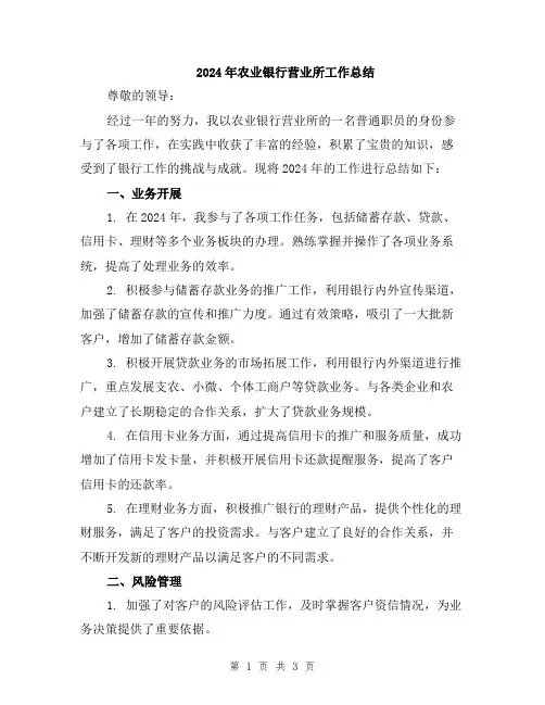 2024年农业银行营业所工作总结