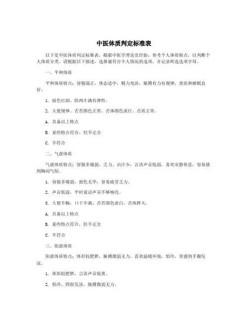 中医体质判定标准表