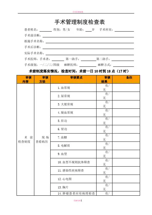 手术管理制度检查表(术前、后)