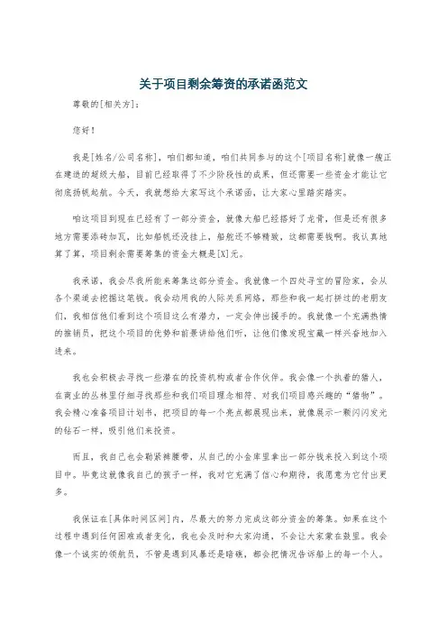 关于项目剩余筹资的承诺函范文