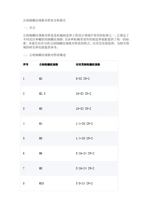 公制细螺纹规格对照表