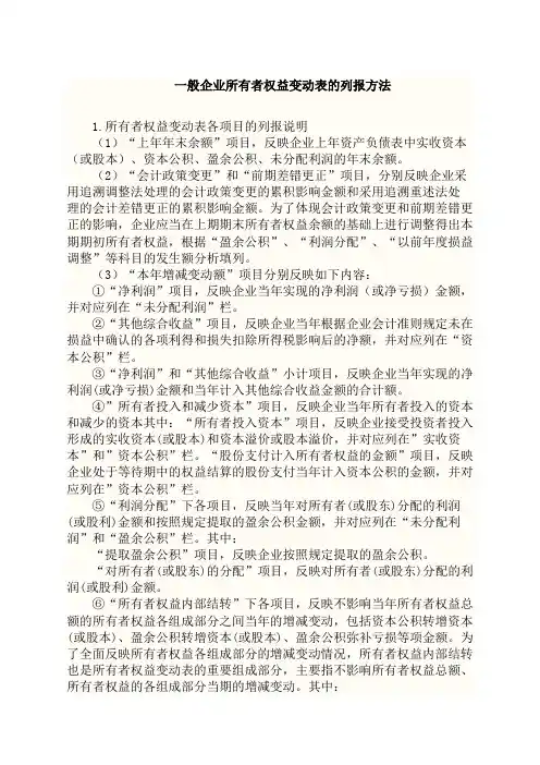 所有者权益变动表格式及其内容填写