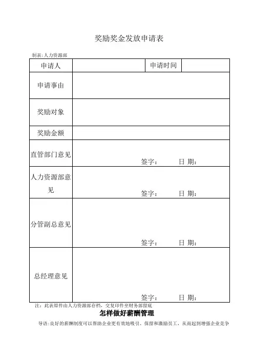 奖励奖金发放申请表模板