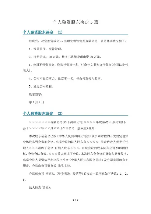 个人独资股东决定5篇