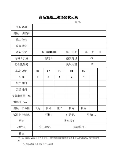 商品混凝土进场验收记录