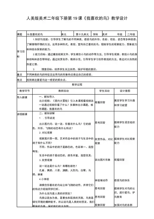 人美版美术二年级下册第十九课《我喜欢的鸟》教案