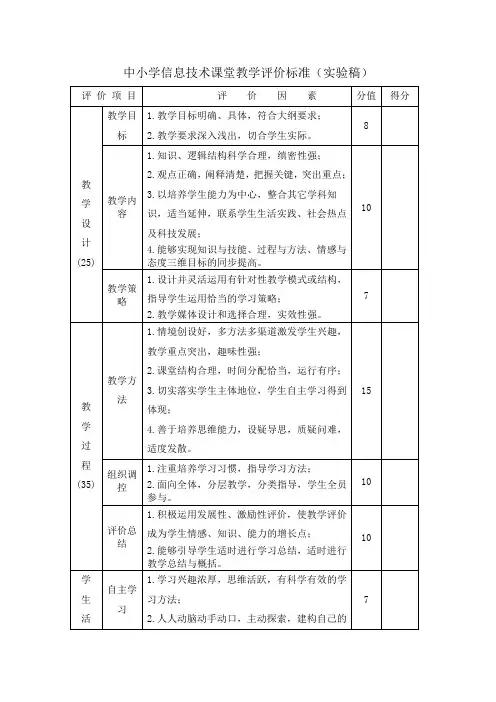 中小学信息技术课堂教学评价标准(实验稿)