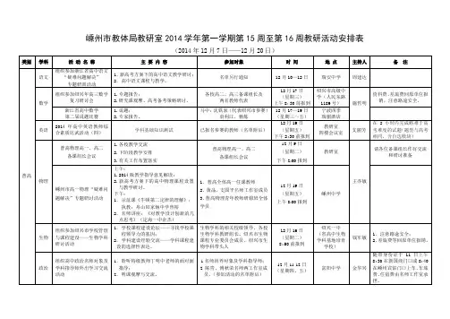 2014学年第一学期第15周至第16周教研活动安排表