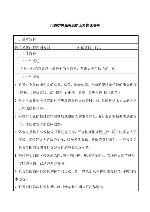 门诊护理服务组护士岗位说明书