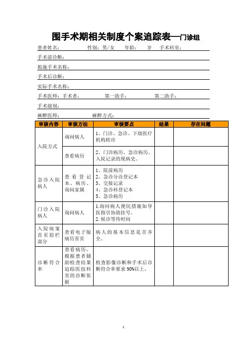 最新制定的手术患者追踪检查表 (门诊组)