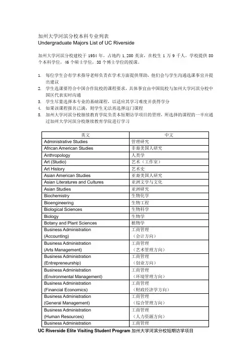 加州大学河滨分校本科专业列表