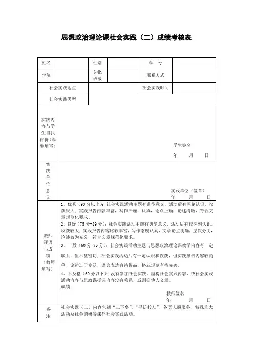 社会实践教学(二)成绩考核表