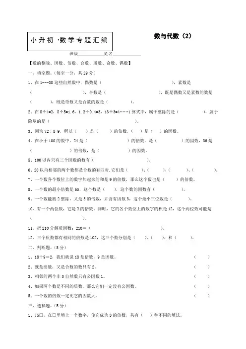小升初数学知识点专项训练：专题   数与代数(含答案)  