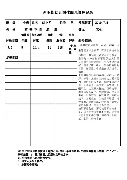 幼儿园保健体弱儿管理记录