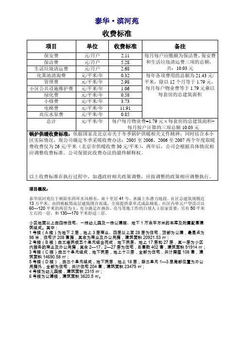 酒店式公寓服务及收费标准