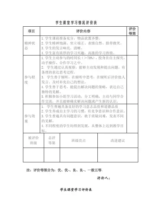 学生课堂学习情况评价表