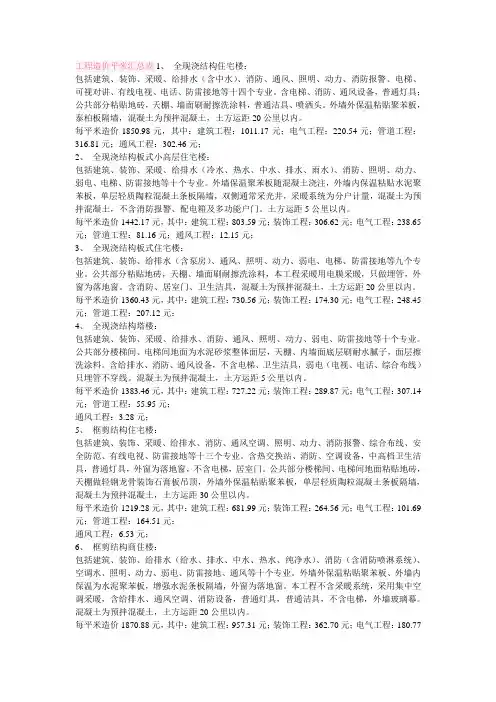 工程造价平米汇总及(施工工程成本)测算方法