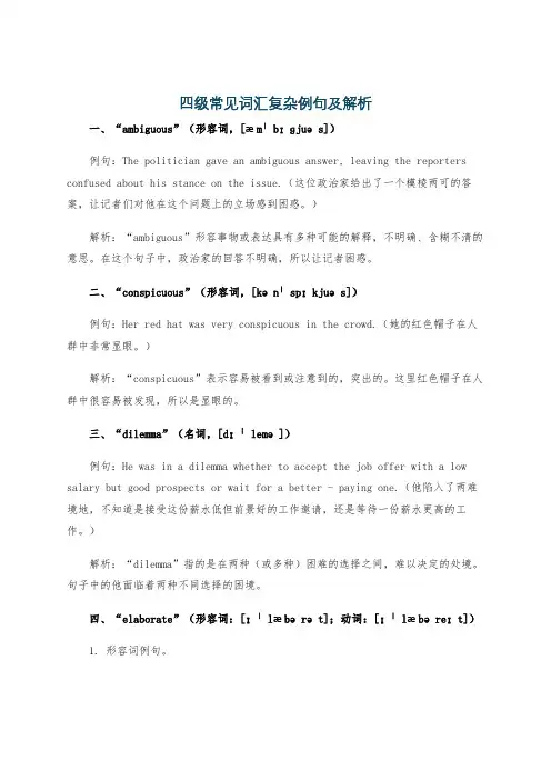 四级常见词汇复杂例句及解析