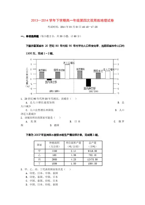 湖北省沙市中学高二地理下学期第四次周练试题