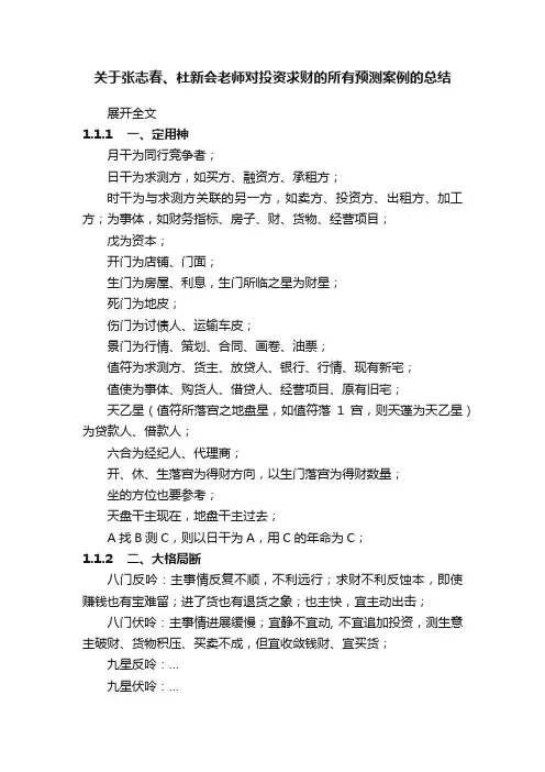 关于张志春、杜新会老师对投资求财的所有预测案例的总结