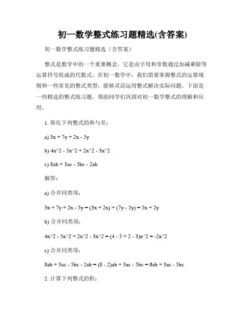 初一数学整式练习题精选(含答案)