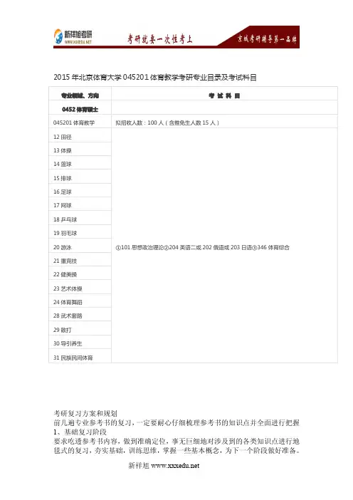 2015年北京体育大学体育教学考研专业目录及考试科目