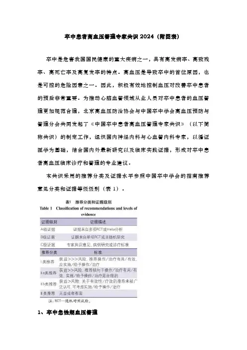 卒中患者高血压管理专家共识2024(附图表)