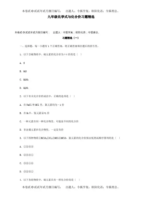 九年级化学式与化合价习题精选 试题