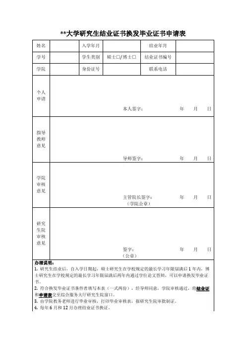 大学研究生结业证书换发毕业证书申请表