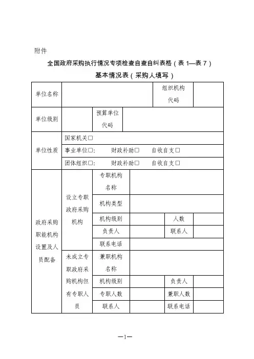 全国政府采购执行情况专项检查自查自纠表格（表1表7）