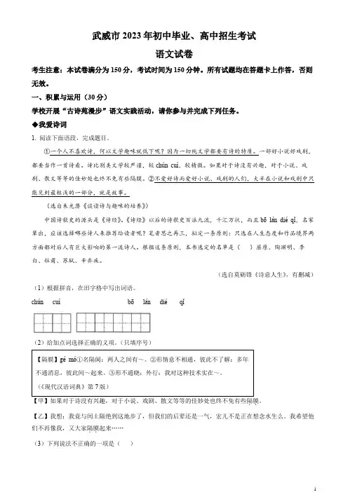 2023年甘肃省武威市中考语文真题(解析版)