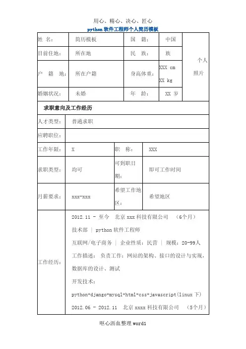 python软件工程师 个人简历模板