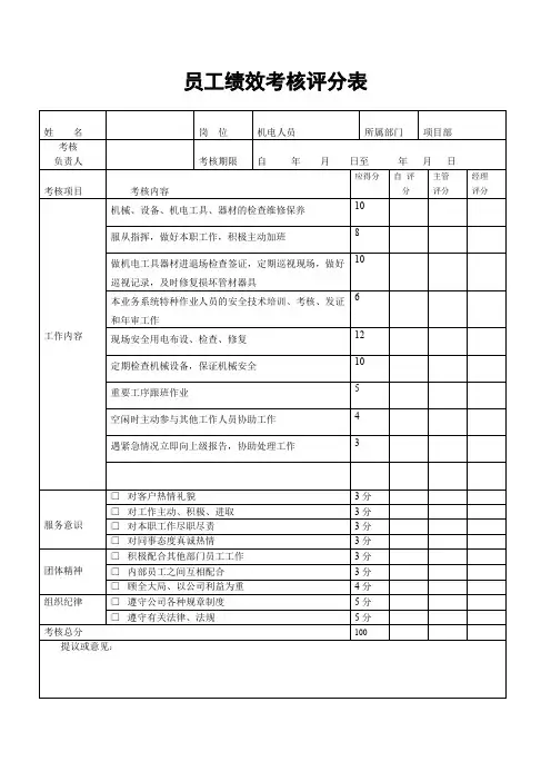 建筑公司项目部机电人员绩效考核评分表