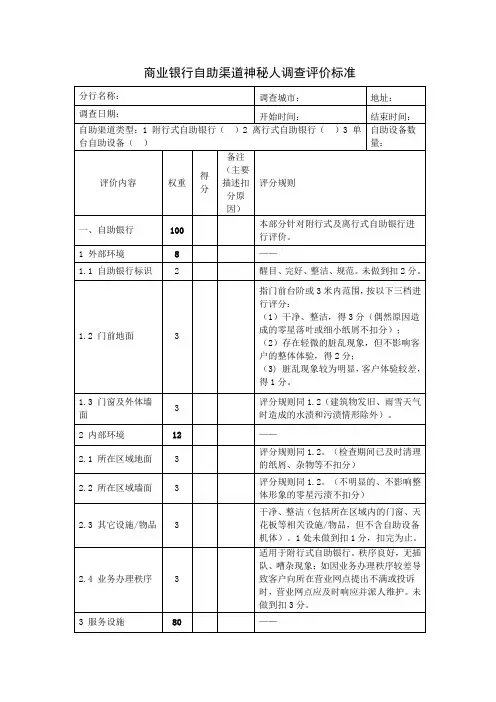 商业银行自助渠道神秘人调查评价标准