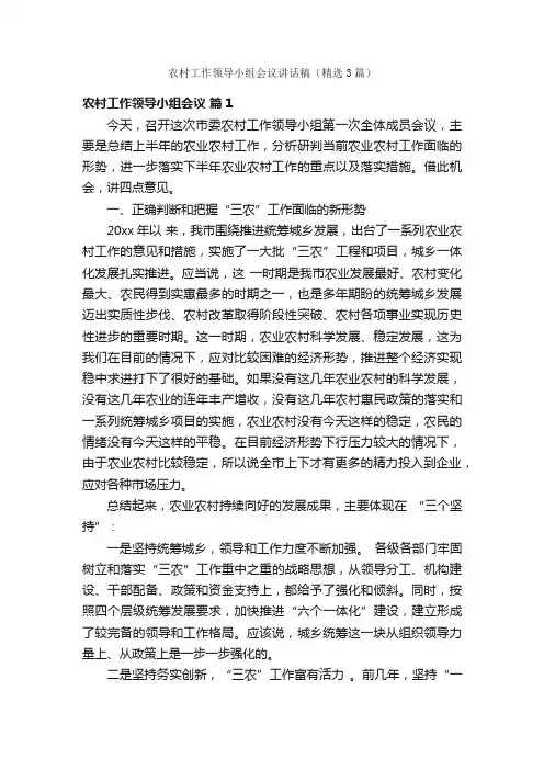 农村工作领导小组会议讲话稿（精选3篇）