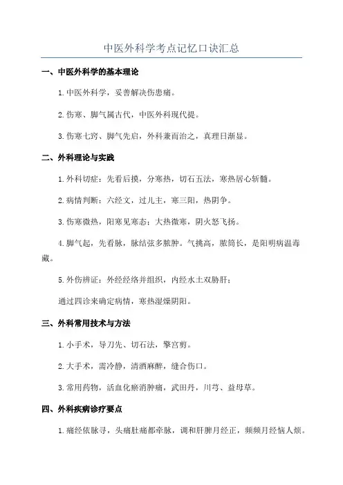 中医外科学考点记忆口诀汇总