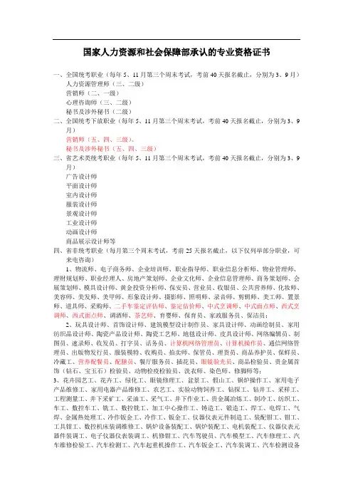 国家人力资源和社会保障部承认的专业资格证书