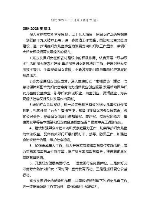 妇联2023年工作计划（精选20篇）