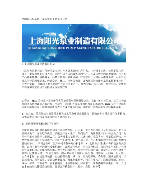 全国打压泵品牌厂家选型前十名企业排名