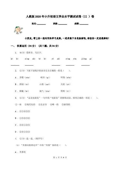 人教版2020年小升初语文学业水平测试试卷(II )卷