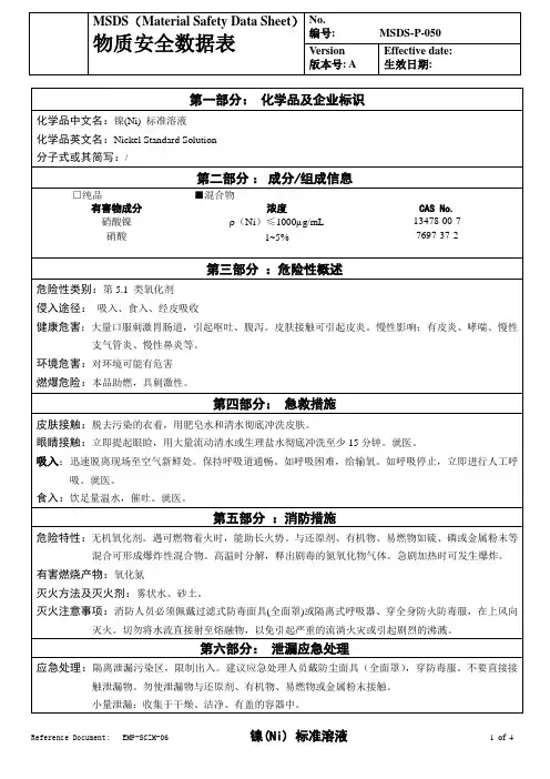 物质安全数据表(MSDS)- 镍(Ni))标准溶液