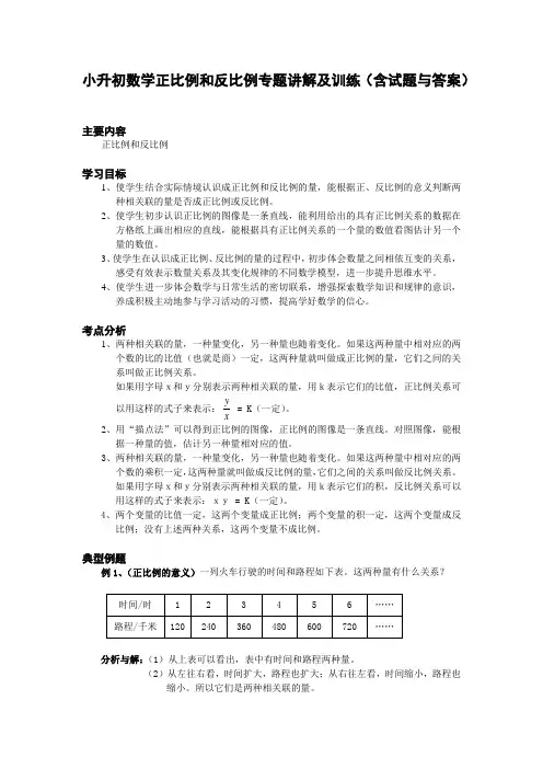小升初数学正比例和反比例专题讲解及训练(含试题与答案)