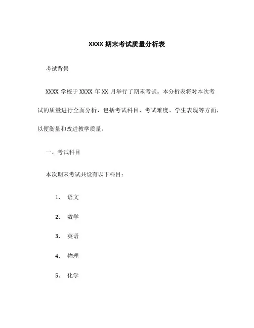 XXXX期末考试质量分析表