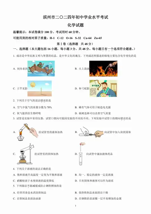 2024年山东省滨州市中考化学试题(含答案解析)