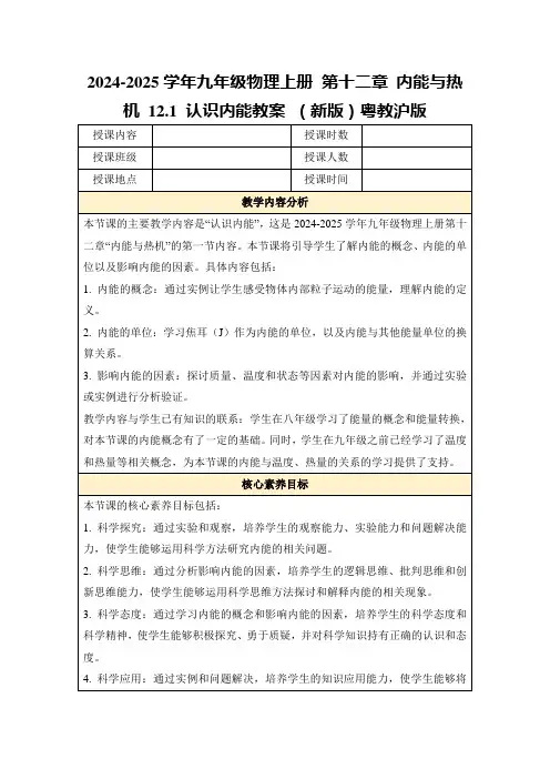 2024-2025学年九年级物理上册第十二章内能与热机12.1认识内能教案(新版)粤教沪版